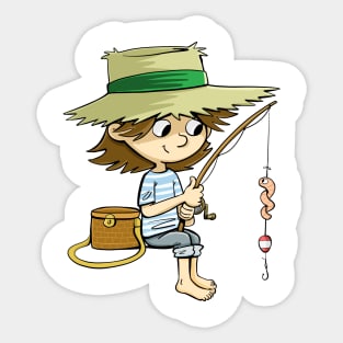 boy with a fishing rod is fishing and worms Sticker